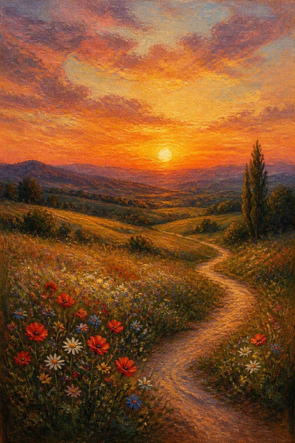 Sunset over winding path through wildflower meadow with rolling hills and tall tree.