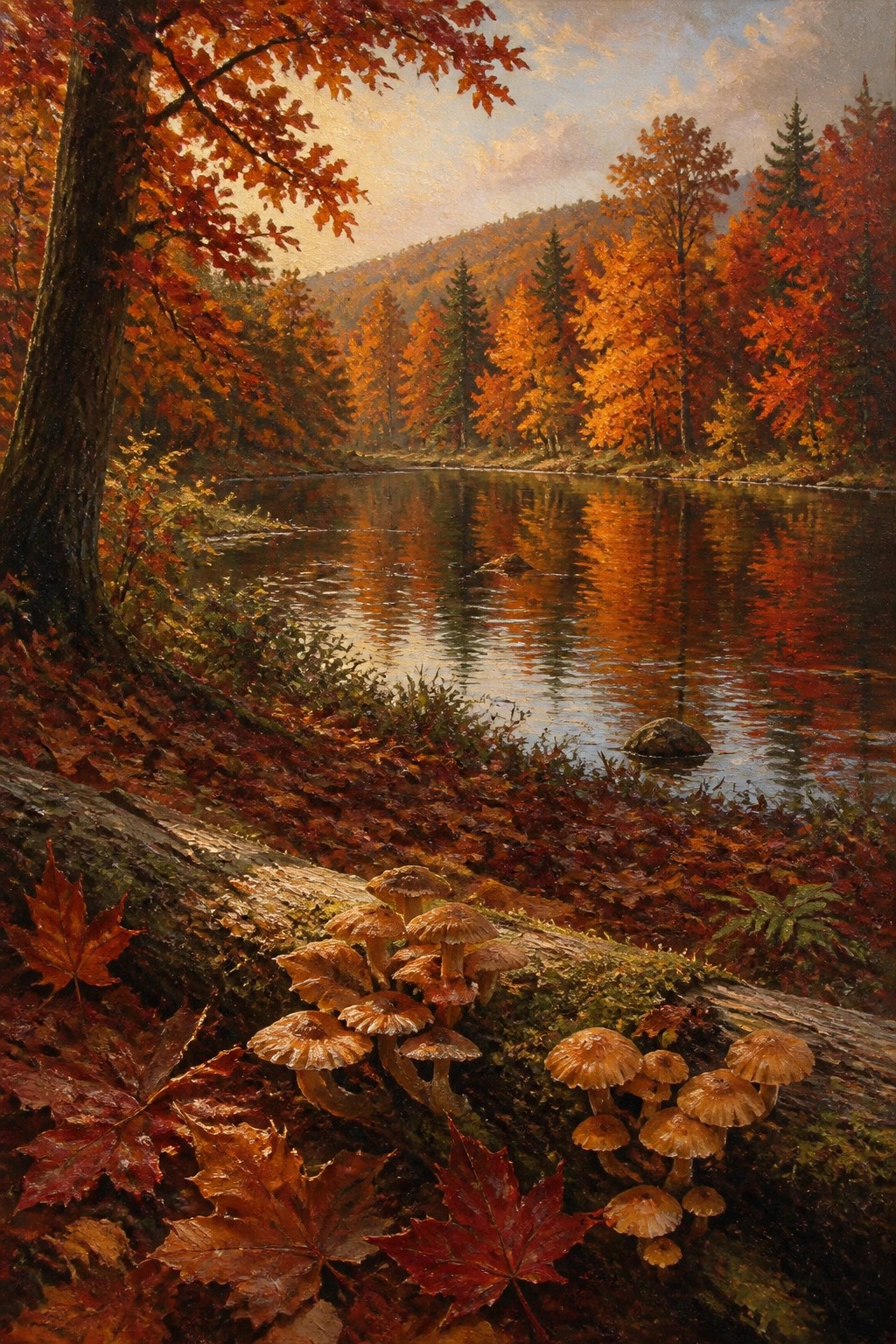 Autumn lake reflecting vibrant red-orange trees, mushrooms on mossy log.