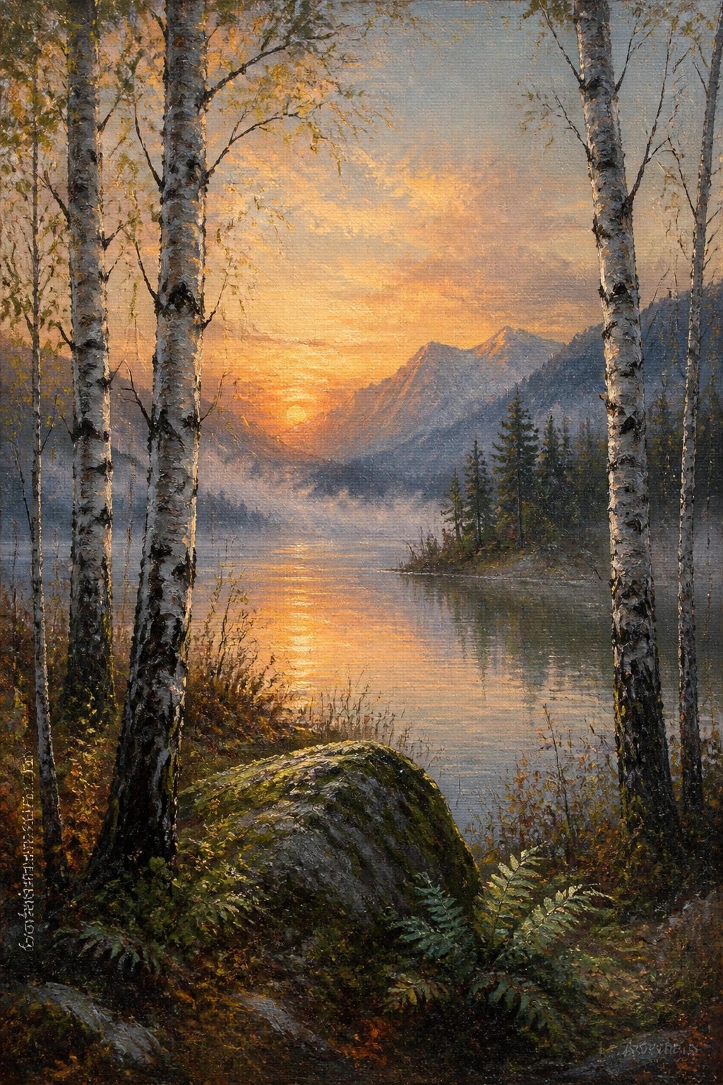 An oil painting of birch trees beside a lake at sunset with mountains in the background.