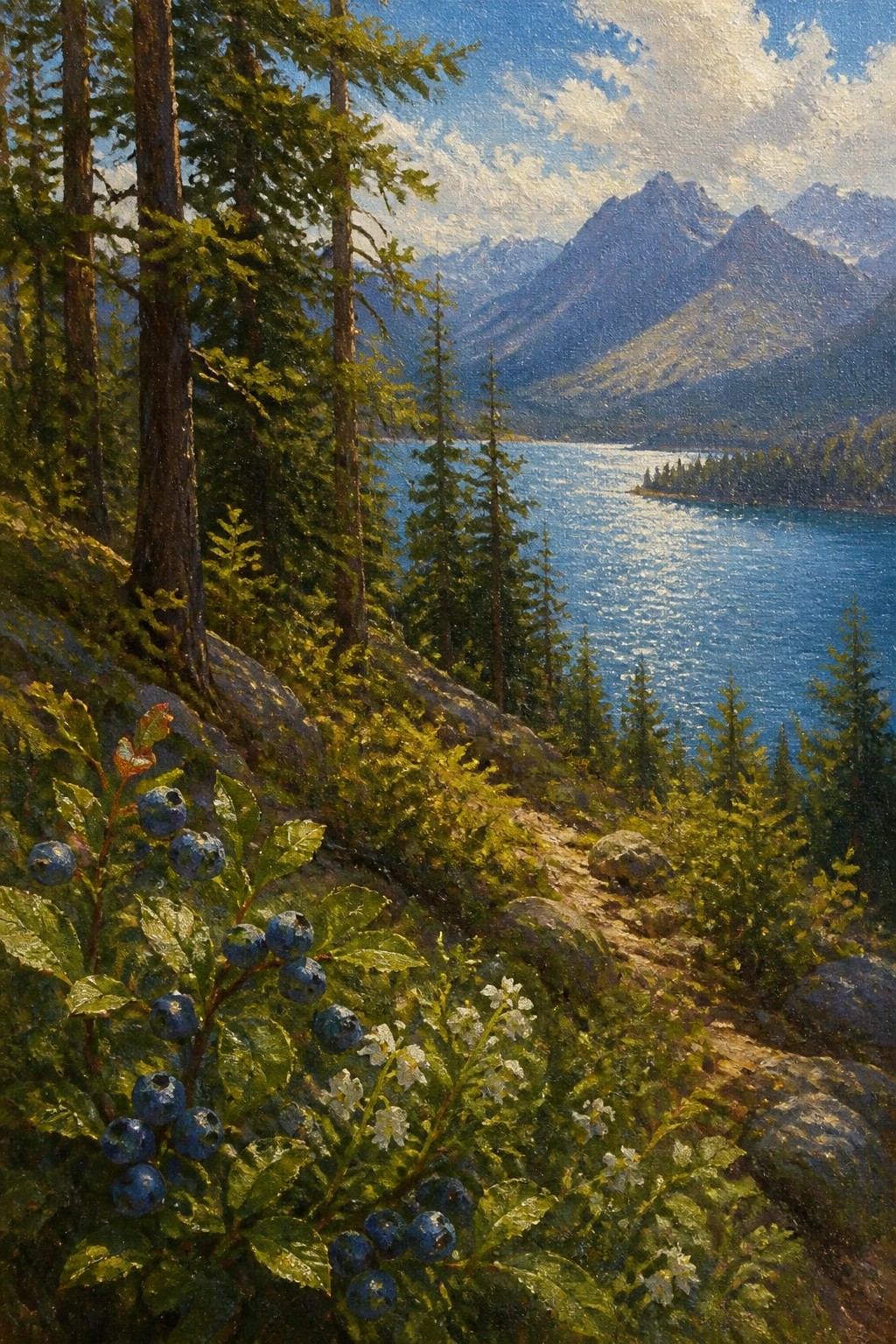Blueberries and wildflowers line a rocky slope above a shimmering mountain lake.