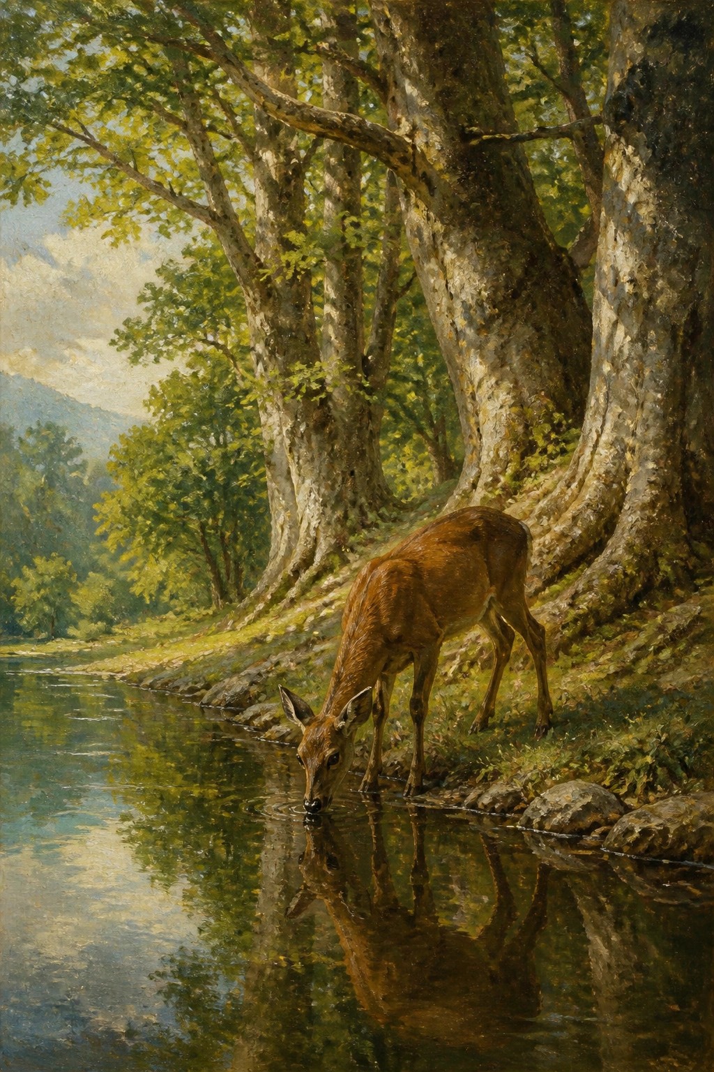 Brown deer drinks from a reflective forest stream amid tall trees.