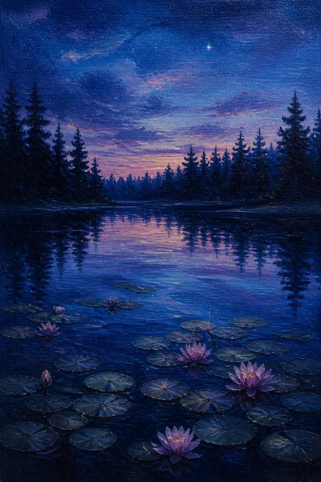 Twilight lake with blooming water lilies, pine silhouettes, and starry reflections.