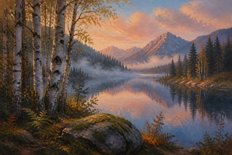 An oil painting of birch trees beside a lake at sunset with mountains in the background.