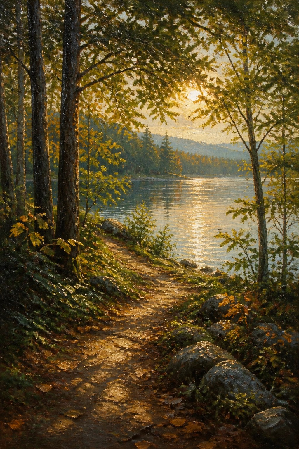 Sunlit dirt path winds through forest trees beside a reflective lake at sunset