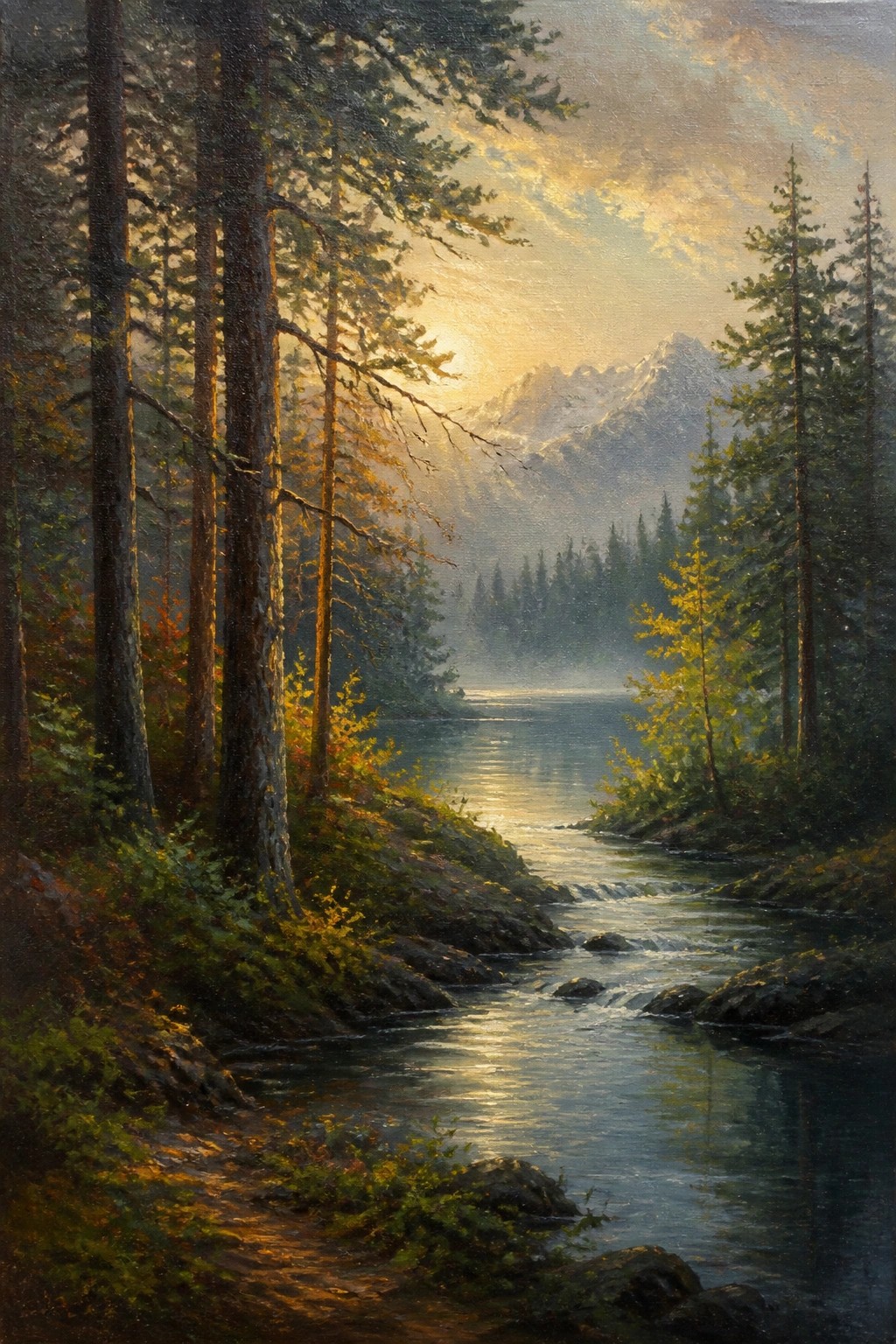 Sunlit river winds through tall pines toward misty snow-capped mountains at sunset.