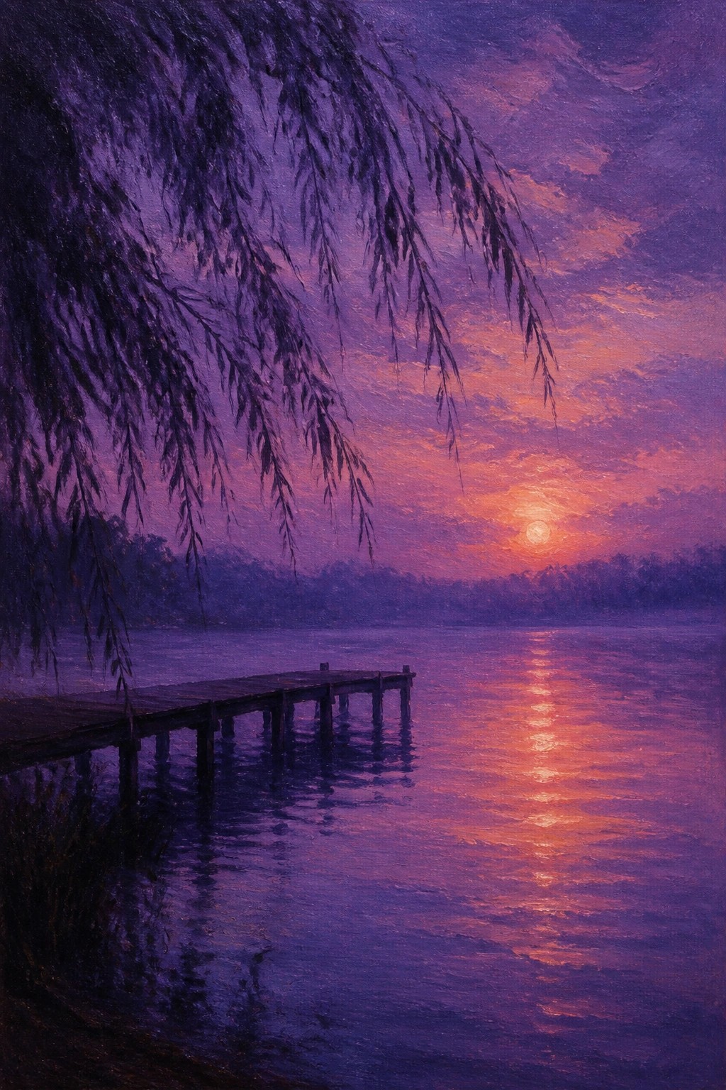 Weeping willow framing wooden pier at vibrant purple-orange sunset over reflective lake.
