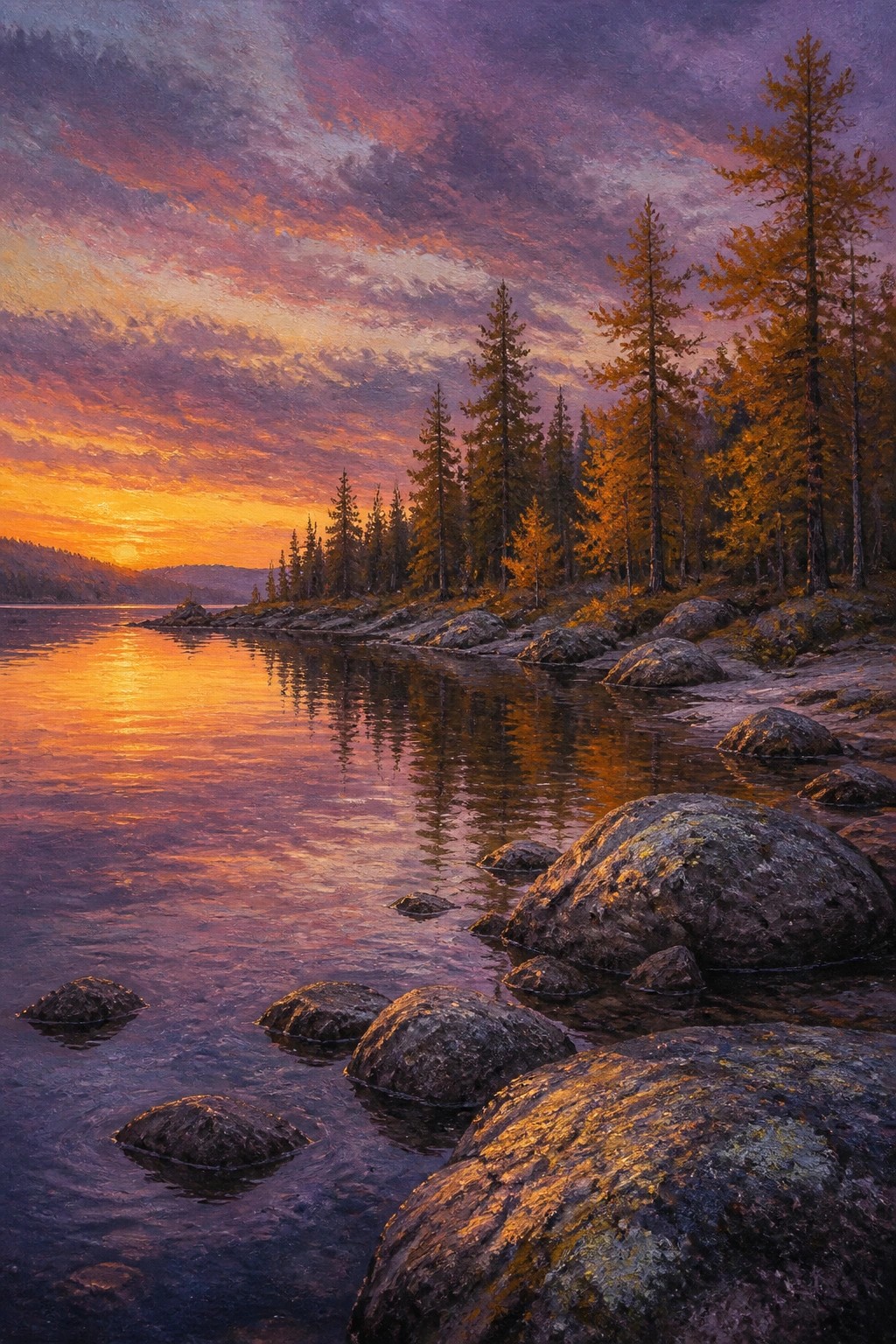 Vibrant sunset over rocky lake shore with glowing pines and colorful sky reflections