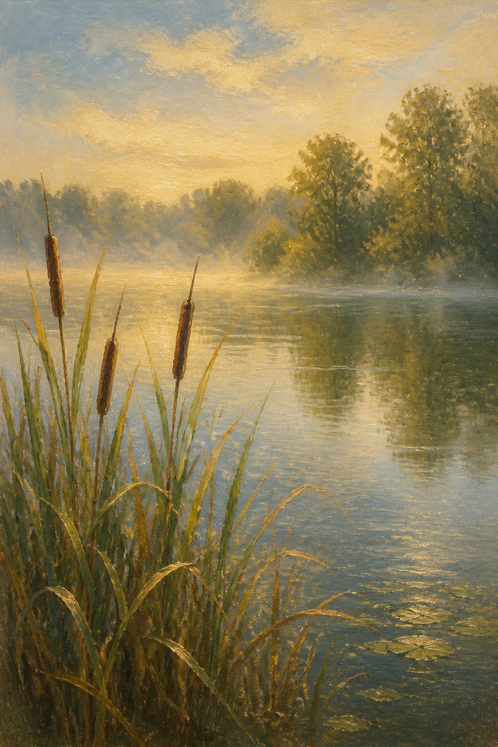 Golden sunrise over misty lake with foreground cattails and lily pads