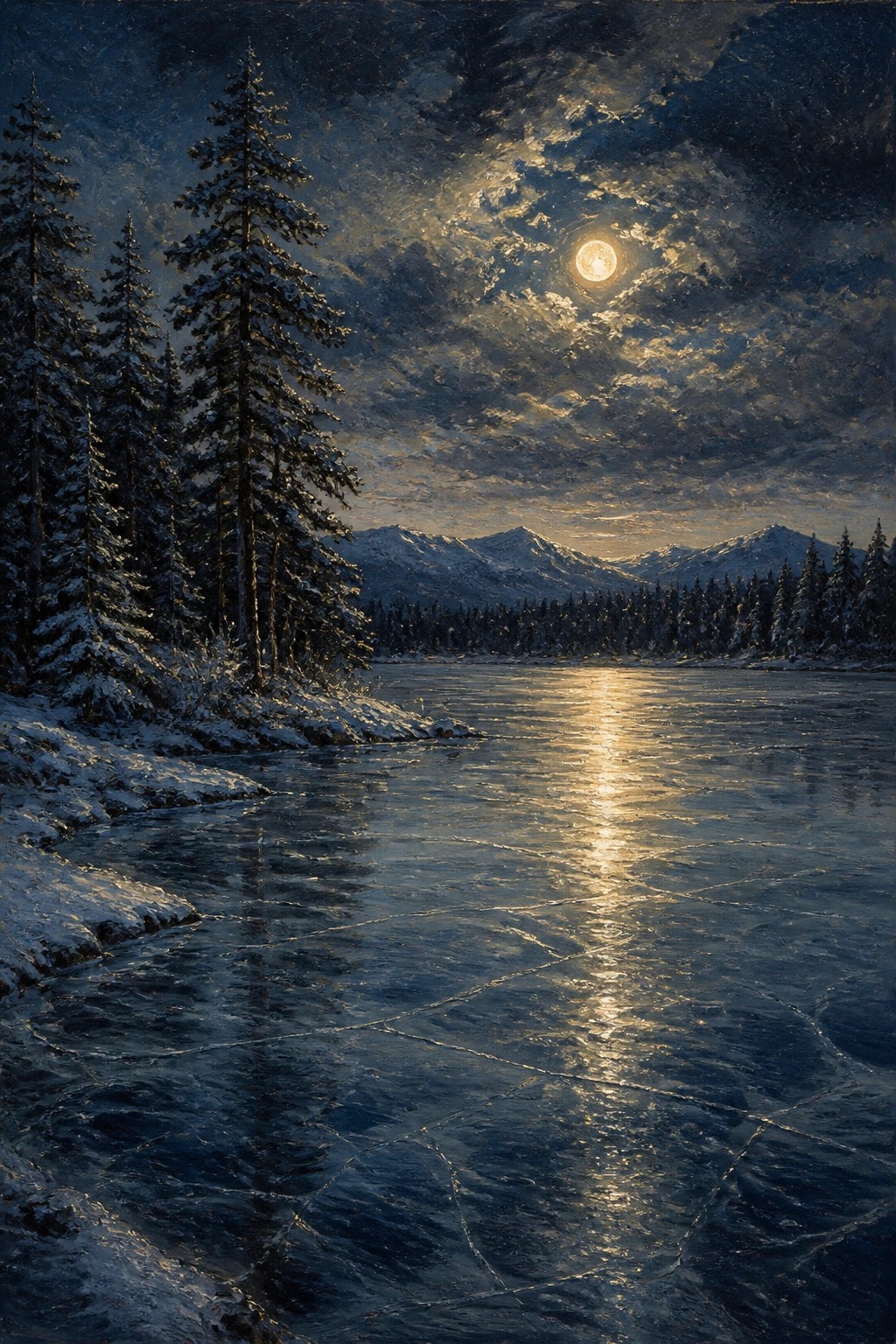 Moonlit night scene of cracked frozen lake, snowy pines, and distant mountains