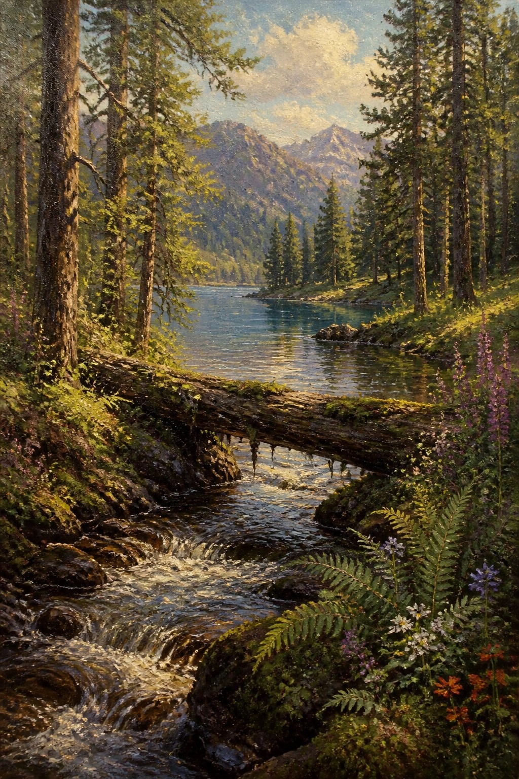 Rushing stream under mossy log in sunlit pine forest with mountain peaks