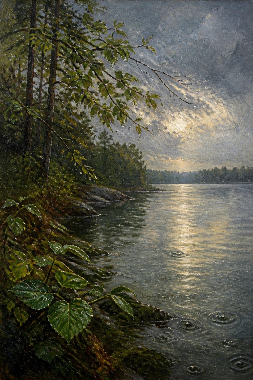 Raindrops rippling on a moonlit lake beside a rocky forested shoreline at dusk