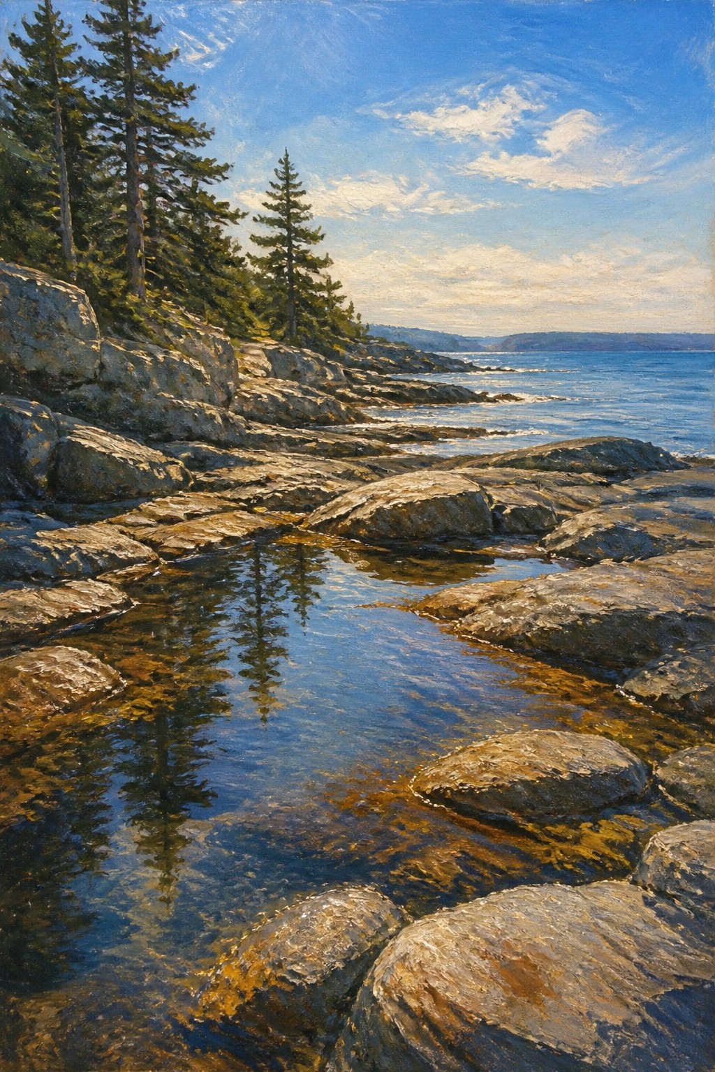Rocky coastline with pine trees, calm blue water, and sunlit tidal pools.