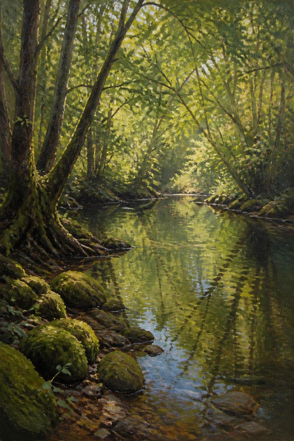 Sunlit creek winding through lush green forest with mossy rocks along banks