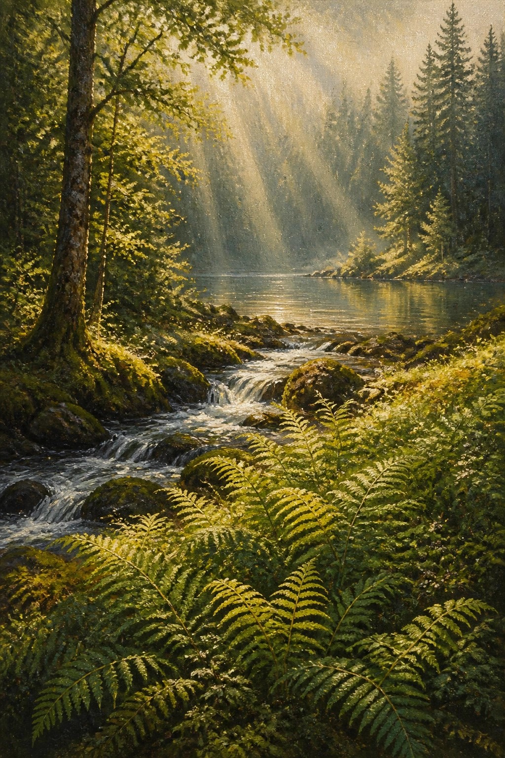 Sunlit forest stream cascades over mossy rocks amid lush ferns and tall trees.