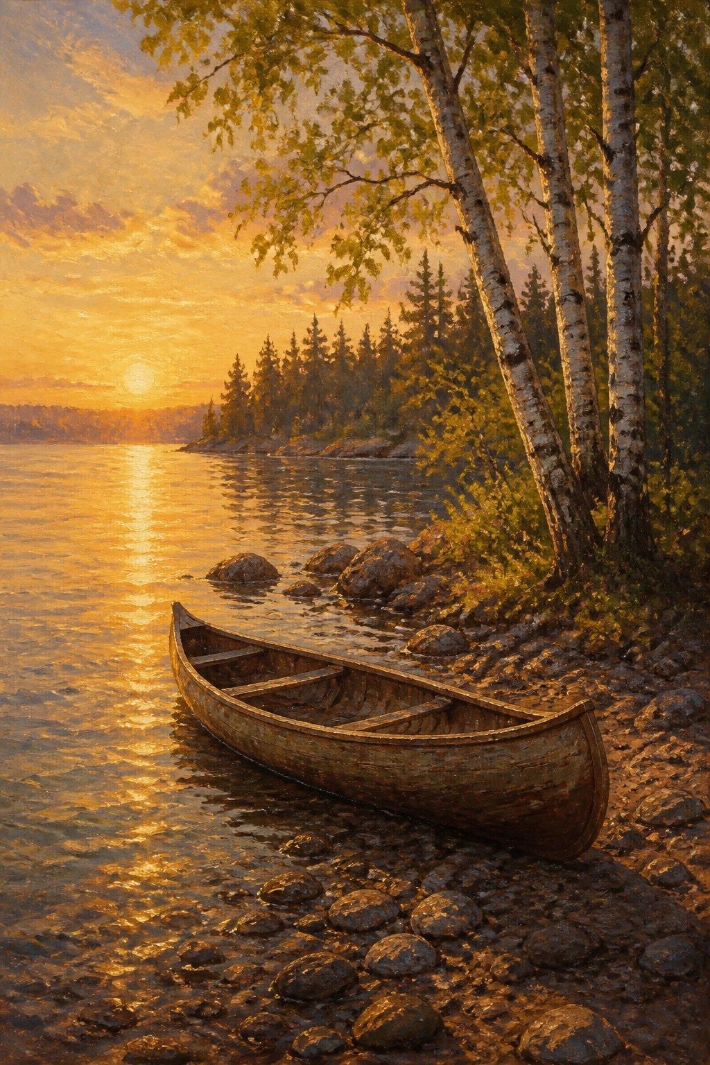 Wooden canoe on rocky shore of golden lake at sunset with birch trees