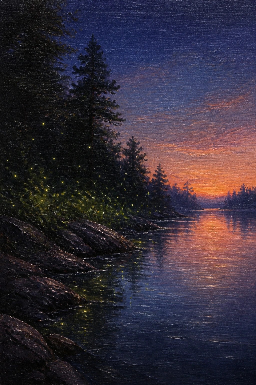 Twilight river with glowing fireflies on rocky pine-lined shore under orange sunset