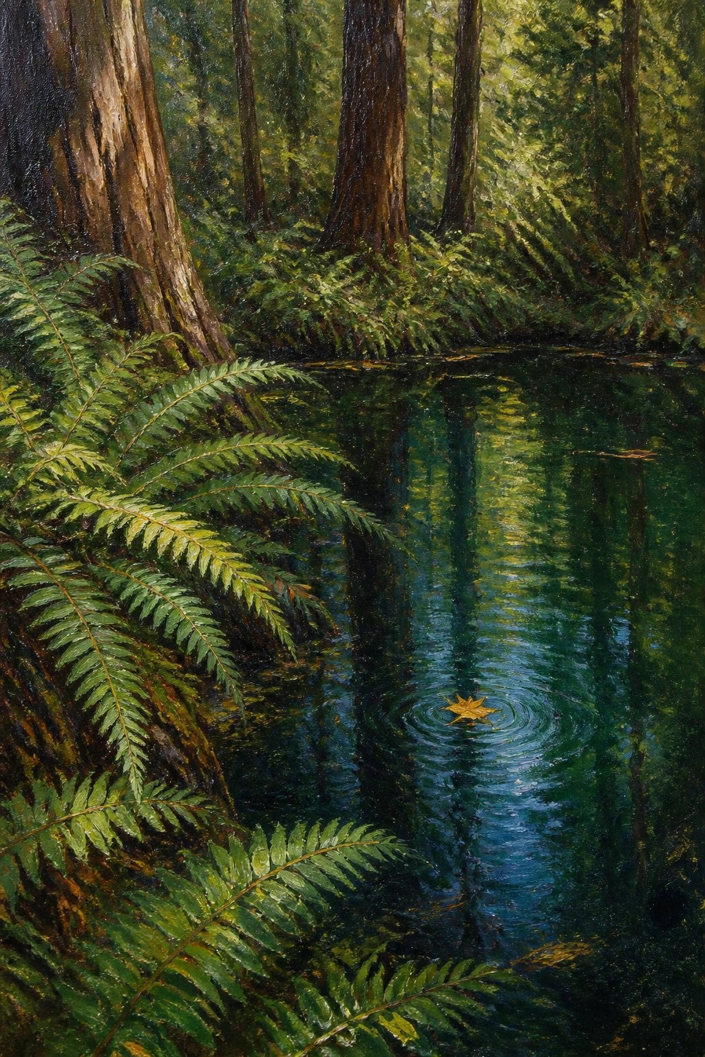 A realistic oil painting of a calm forest pond with ferns in the foreground and a yellow leaf floating on the water creating ripples, surrounded by tall tree trunks.