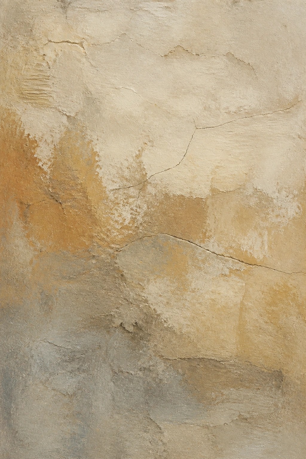 Weathered textured wall with cracks and peeling layers in beige and brown tones