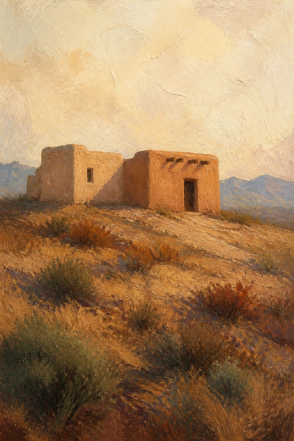 Adobe buildings on arid desert hills with shrubs and distant mountains.