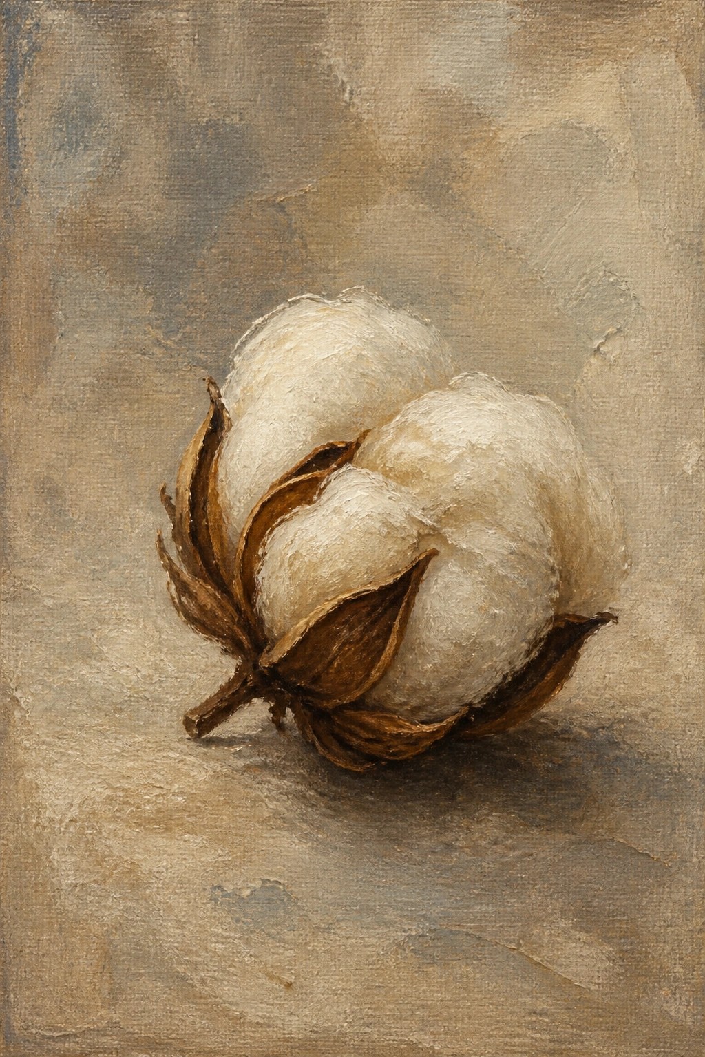 An oil painting of a white cotton boll with brown dried leaves resting on a textured neutral background.