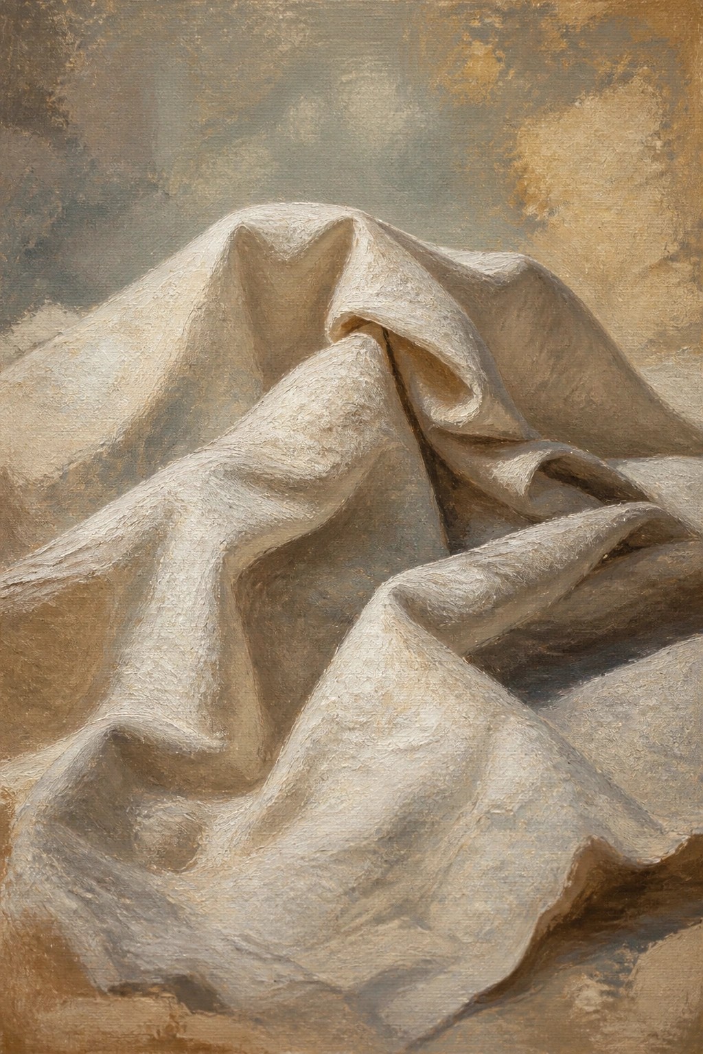 Draped white fabric with deep folds on textured earthy background.