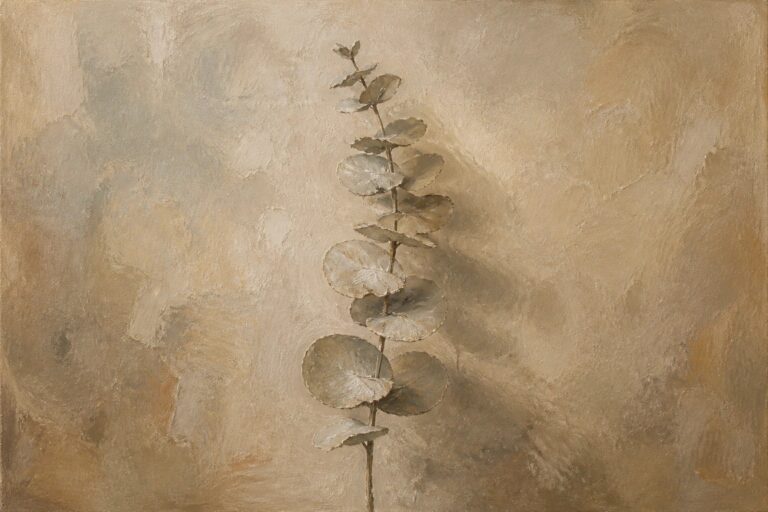 Textured painting of a leafy branch with muted green leaves on beige background