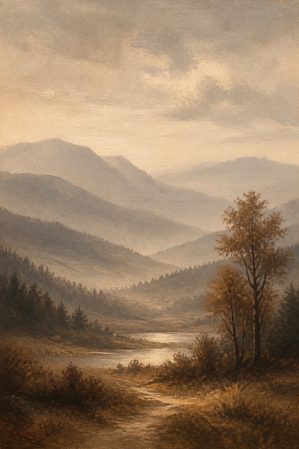 Foggy mountain valley with winding river, dirt path, and autumn trees