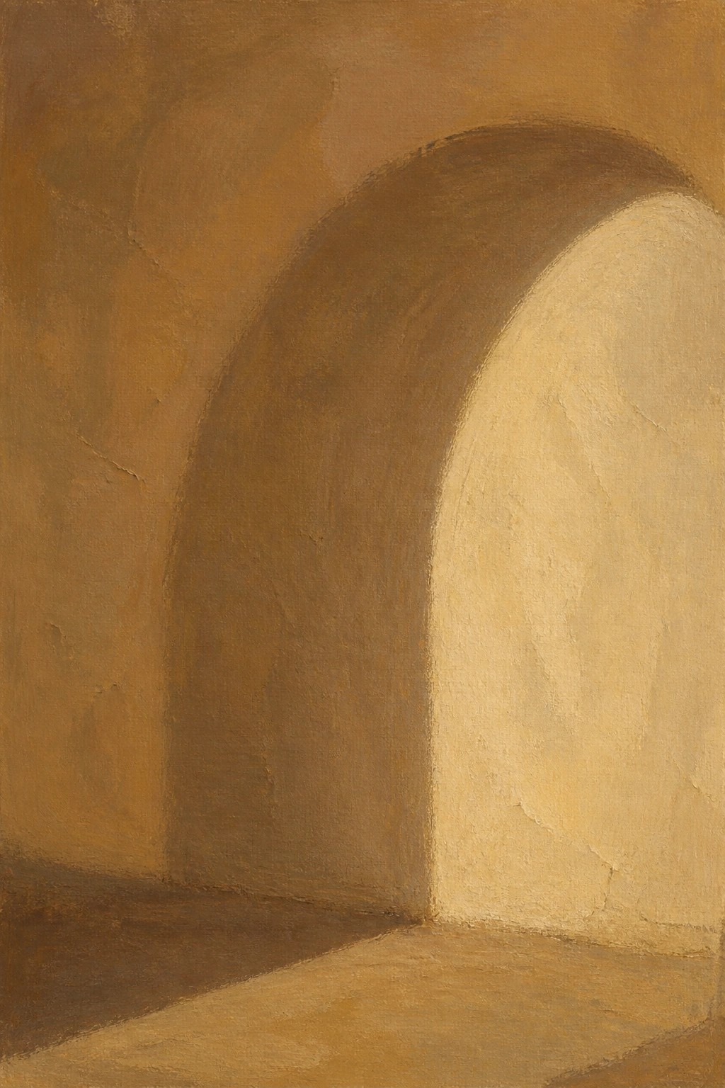 Arched alcove in warm brown and beige tones with textured brushstrokes.