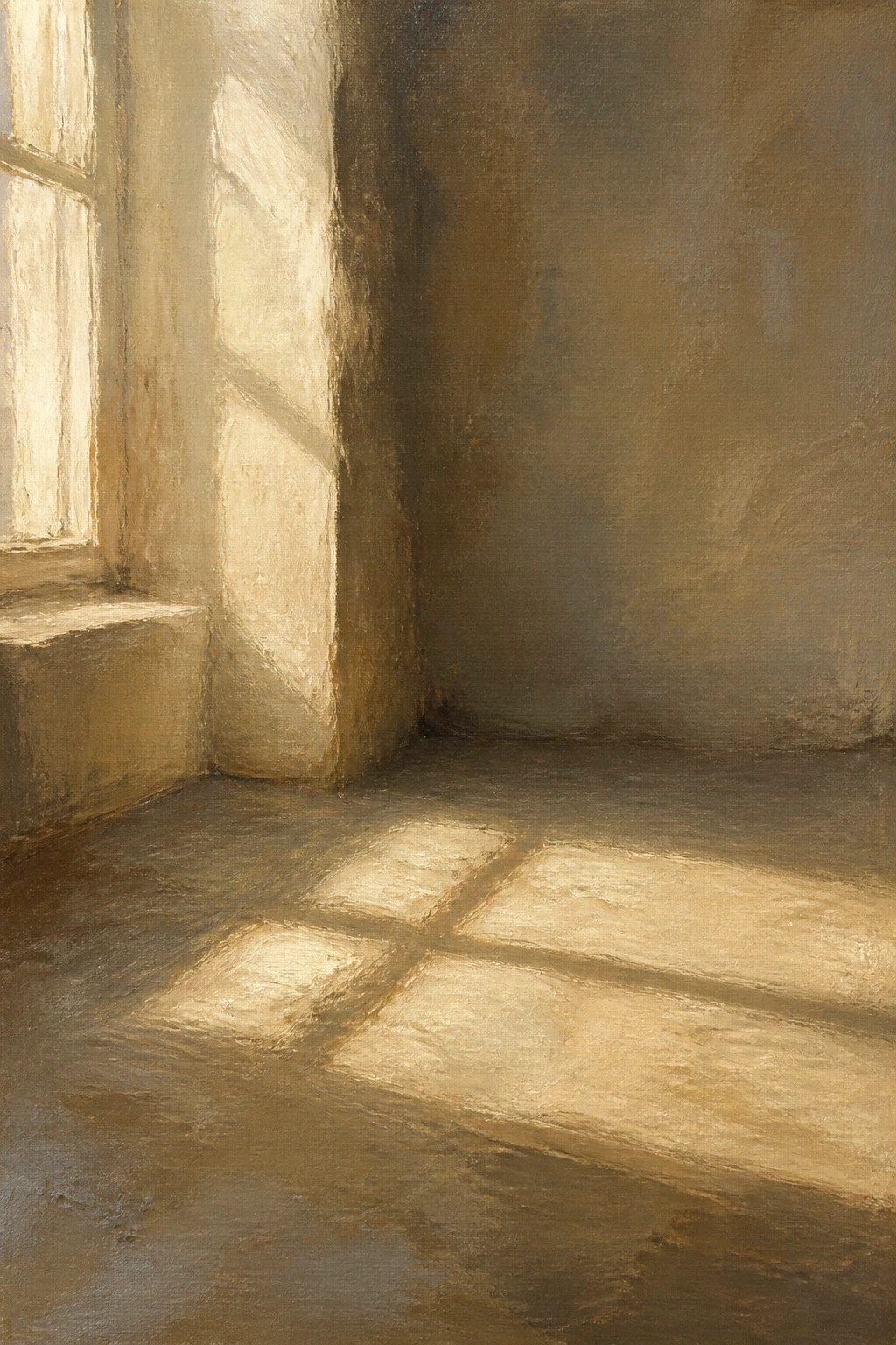 Oil painting showing sunlight casting grid shadows from a window onto the floor in a bare room corner.