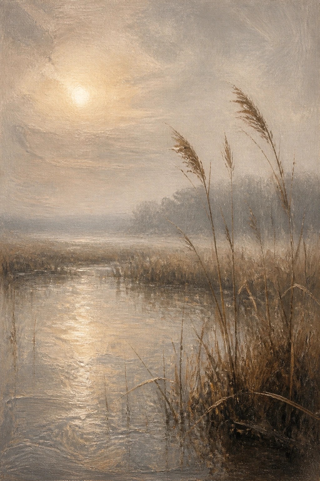 Golden sun glowing through fog over reed-lined reflective waterway at dawn