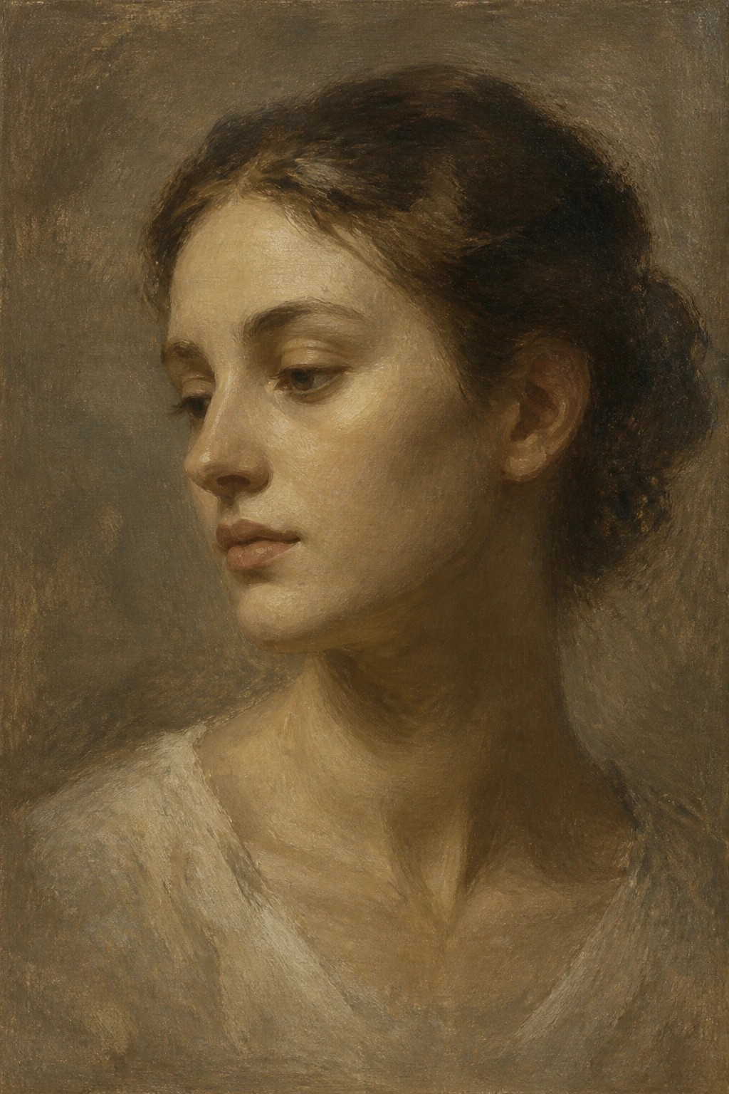 A realistic oil painting of a young woman shown in profile looking left, with dark hair in a bun and wearing a light-colored top against a dark background.