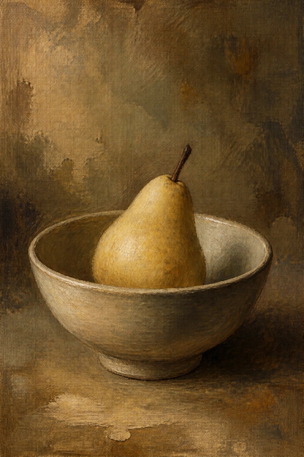 Yellow pear with stem in rustic bowl on wooden surface, earthy painting tones.
