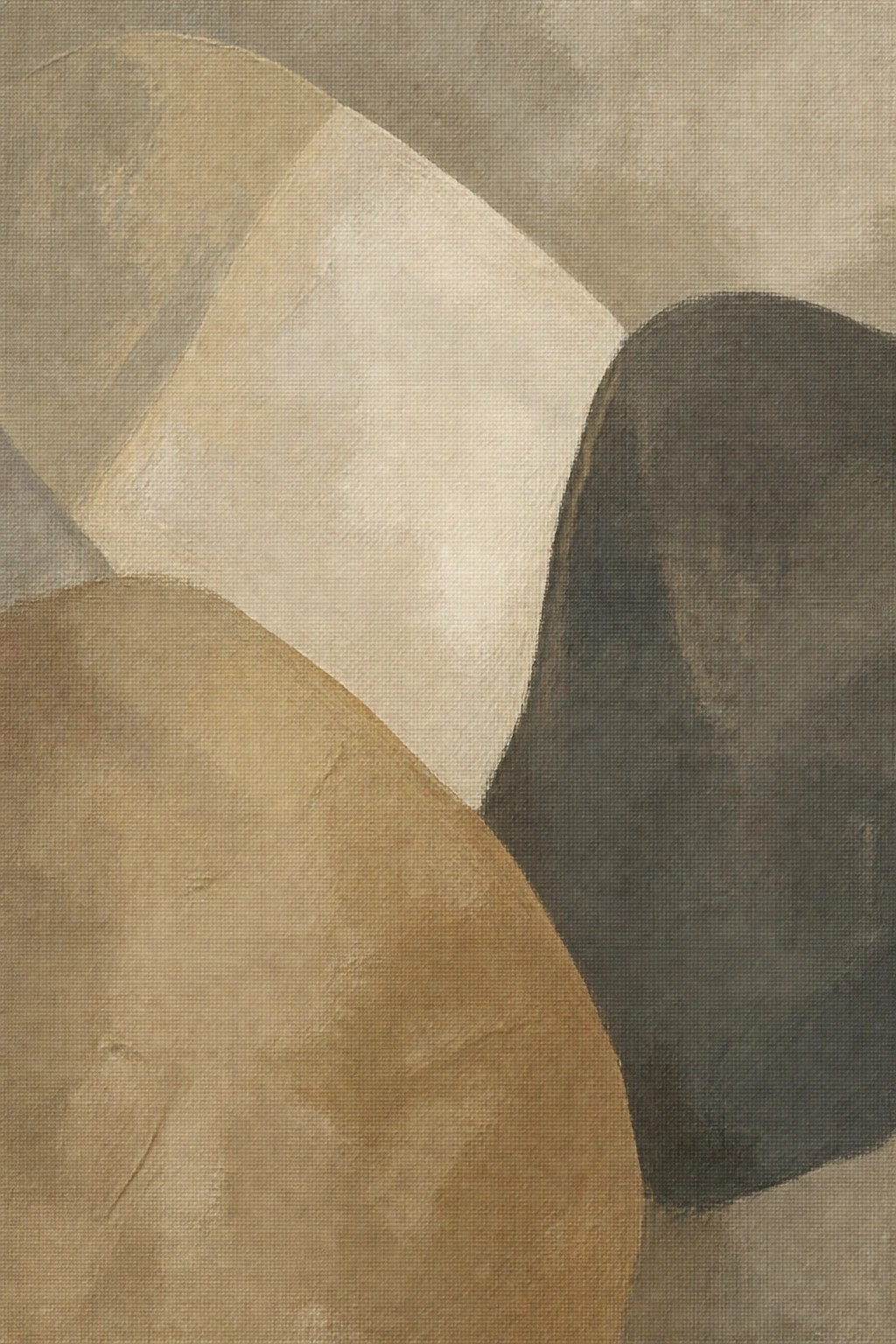 Abstract composition of rounded shapes in beige, brown, and dark gray tones