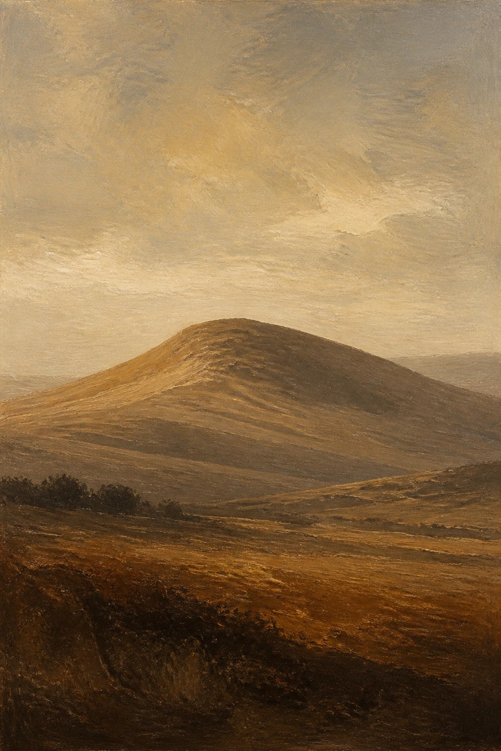 Rolling brown hills under a cloudy sky with sparse foreground vegetation