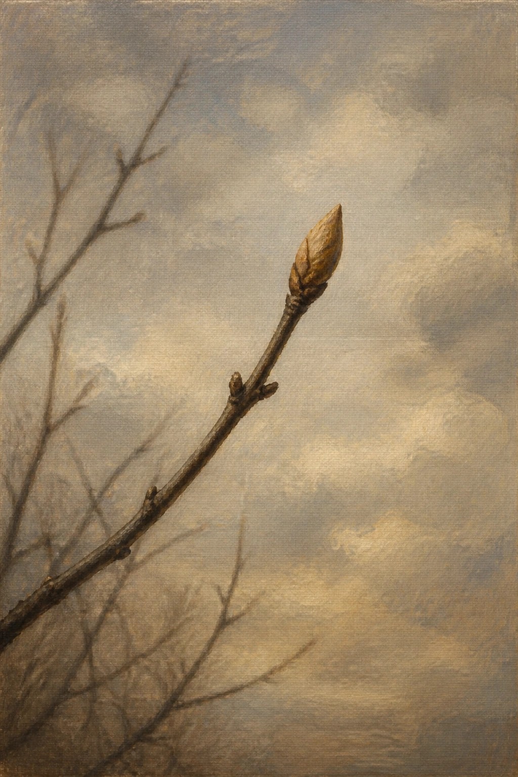 A close-up oil painting of a brown tree branch with a golden bud against a cloudy gray sky.