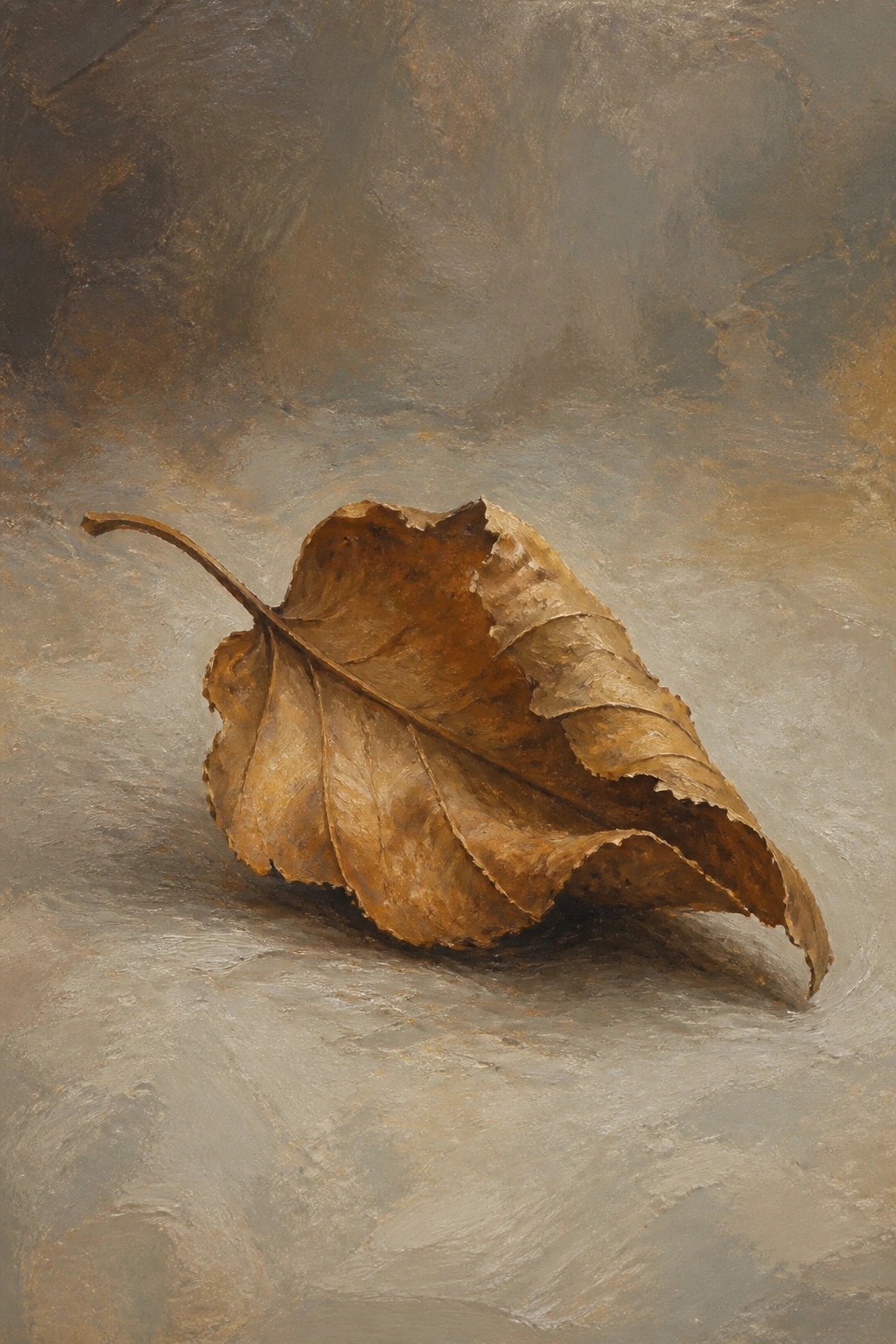 Withered brown leaf with stem on textured gray-brown surface