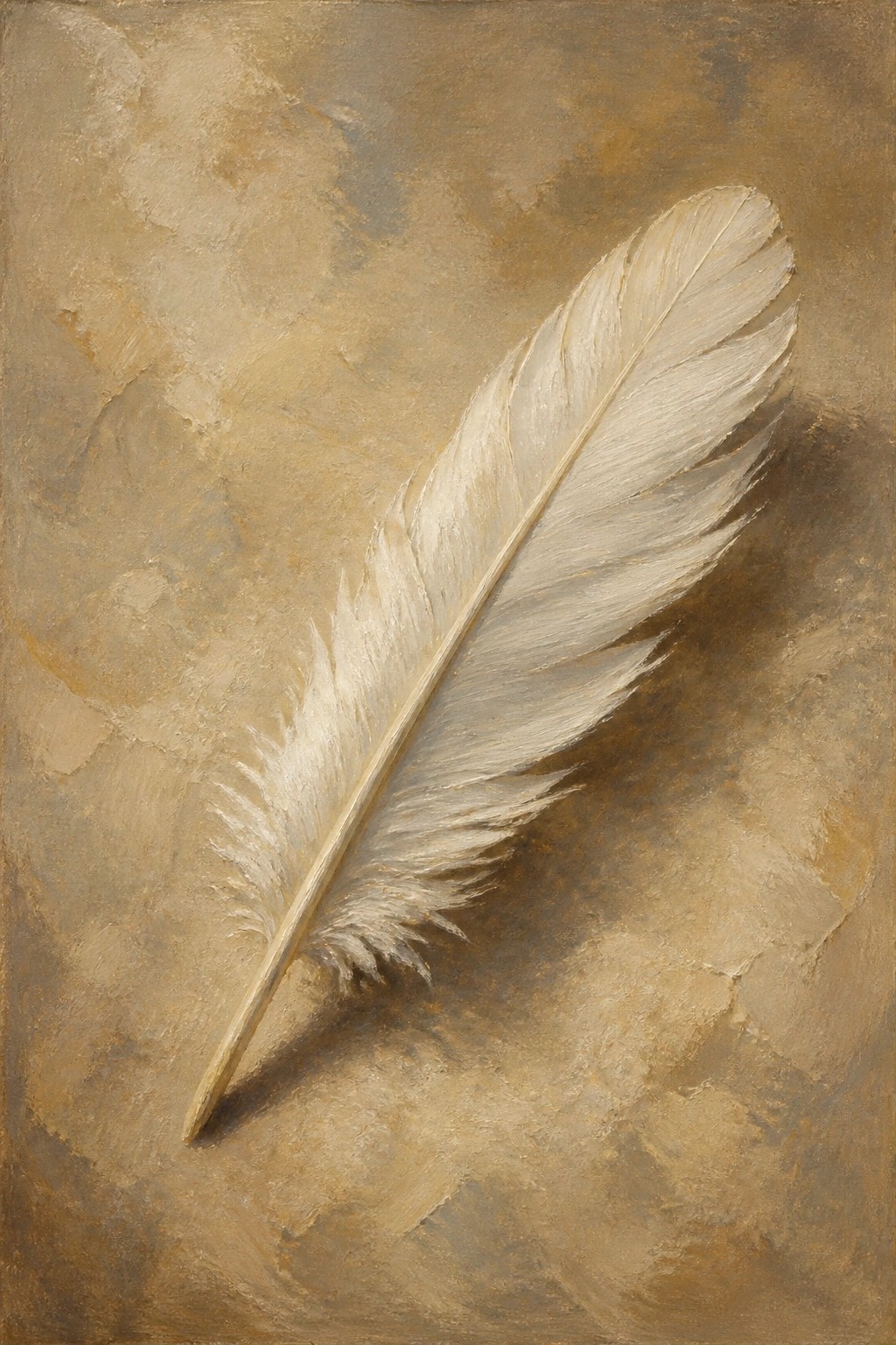 White feather with soft barbs resting on textured earthy brown background.