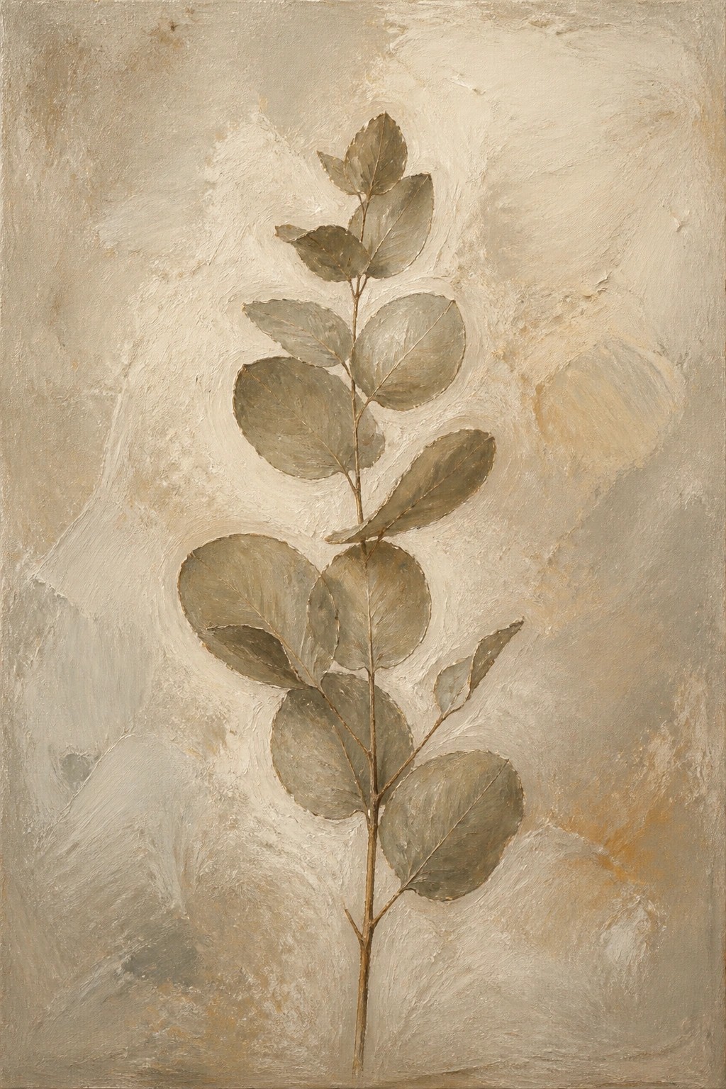 Textured painting of a leafy branch with muted green leaves on beige background