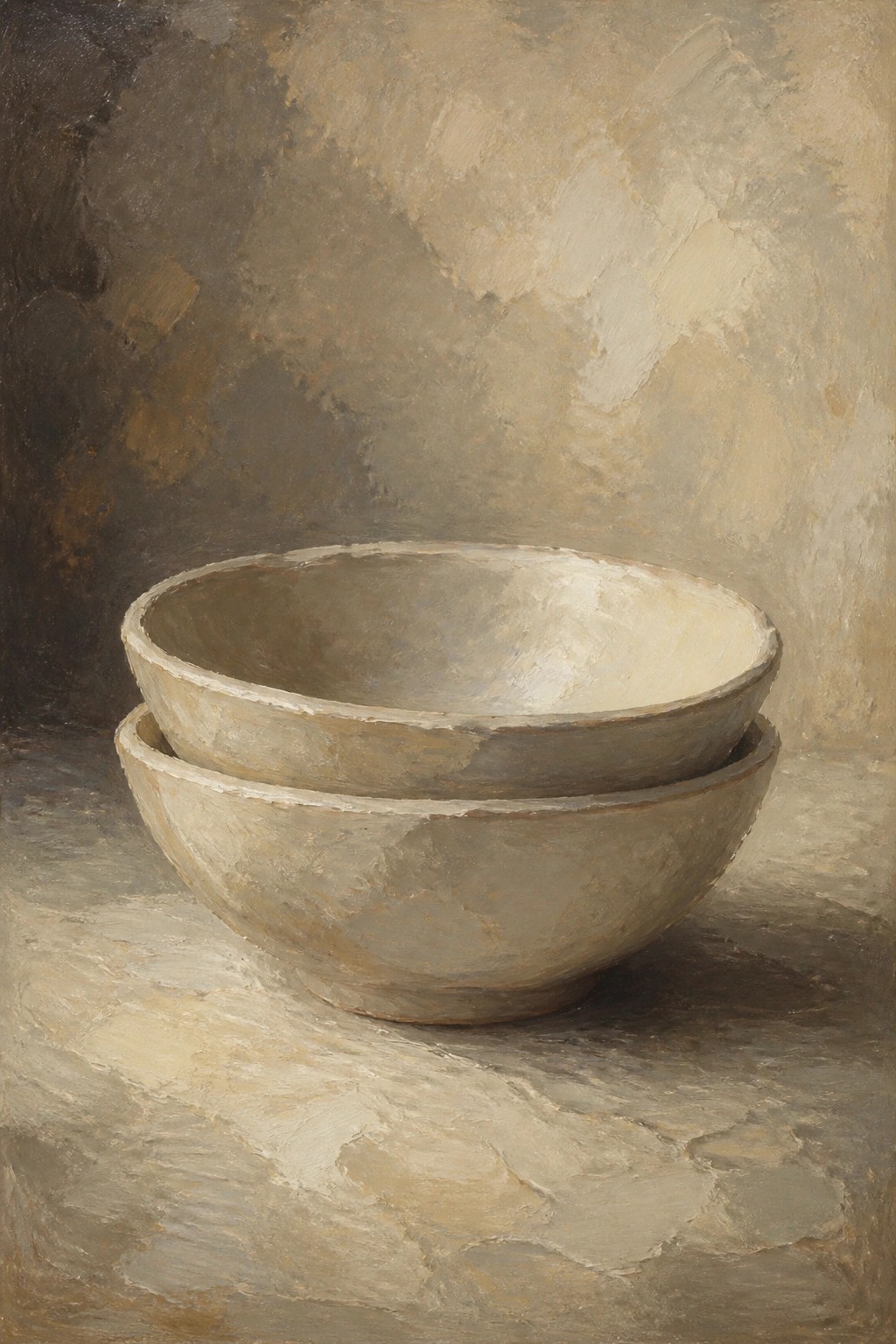 Two stacked ceramic bowls in muted earthy tones on textured surface.