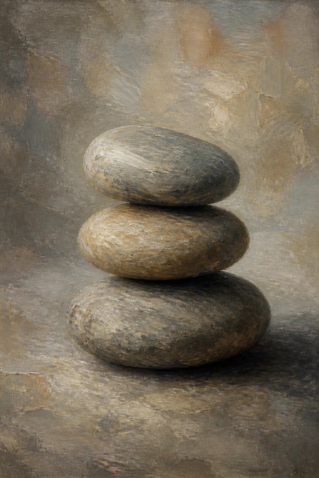 A realistic oil painting of three smooth gray and brown stones stacked vertically on a textured neutral background.