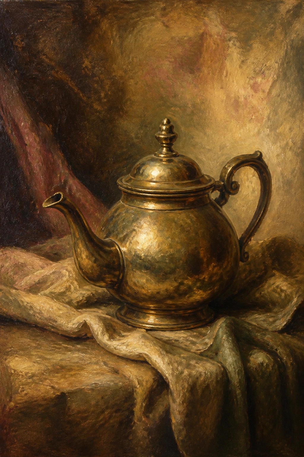 Brass teapot on draped cloth against dark textured background