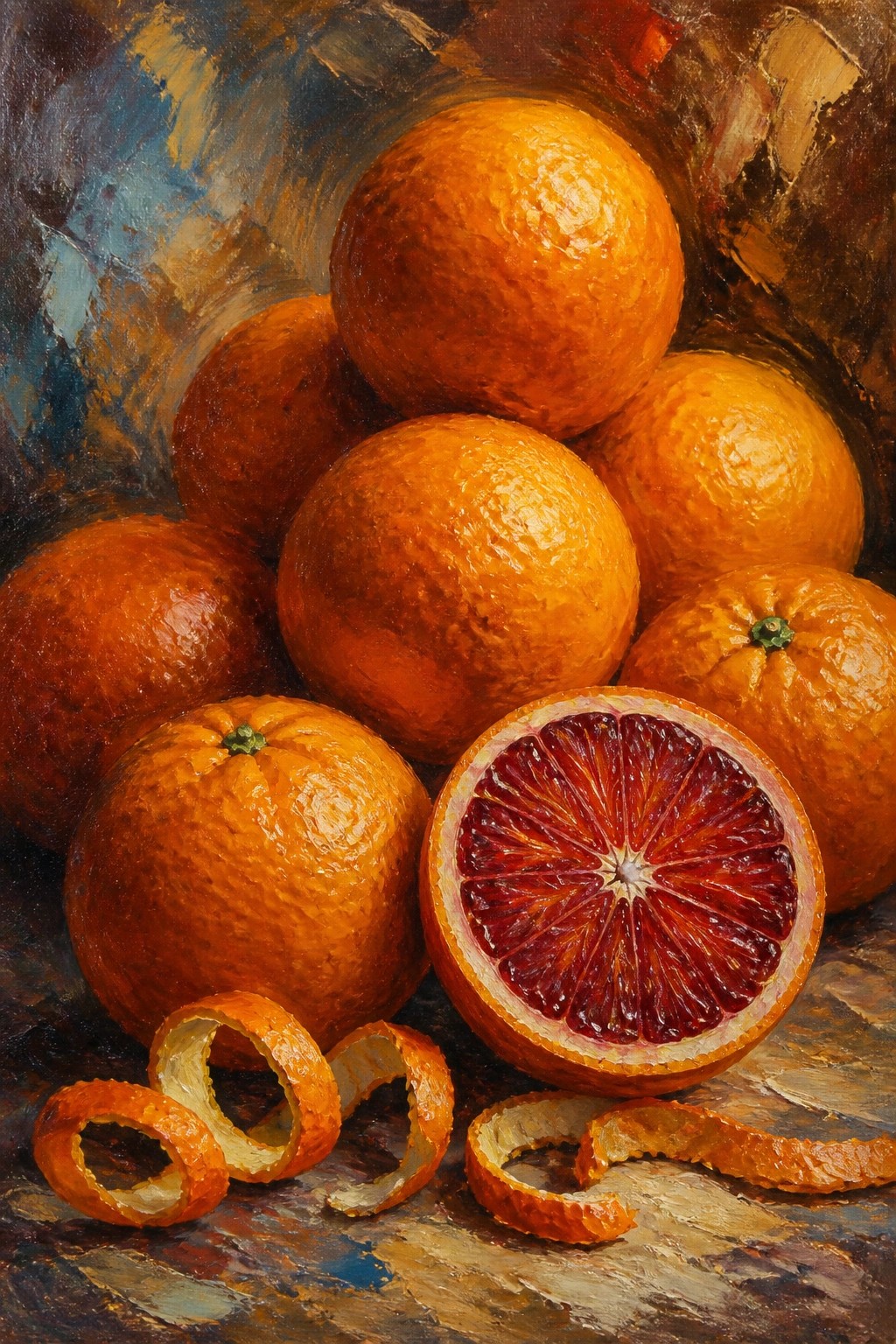 An oil painting shows a pile of whole oranges with one halved blood orange in front and several curled peels scattered at the bottom.