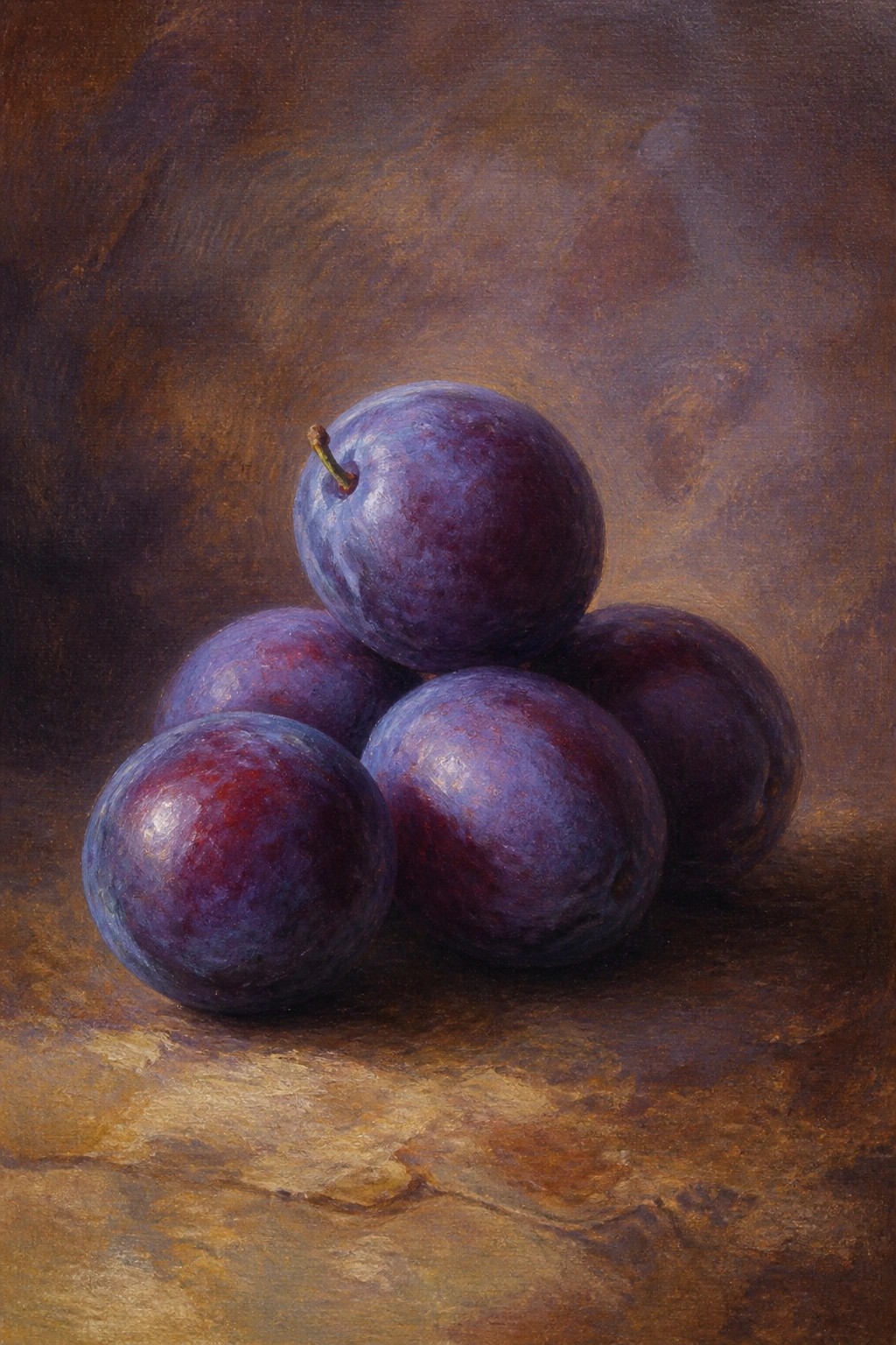 An oil painting of several dark purple plums stacked together on a wooden surface against a dark brown background.