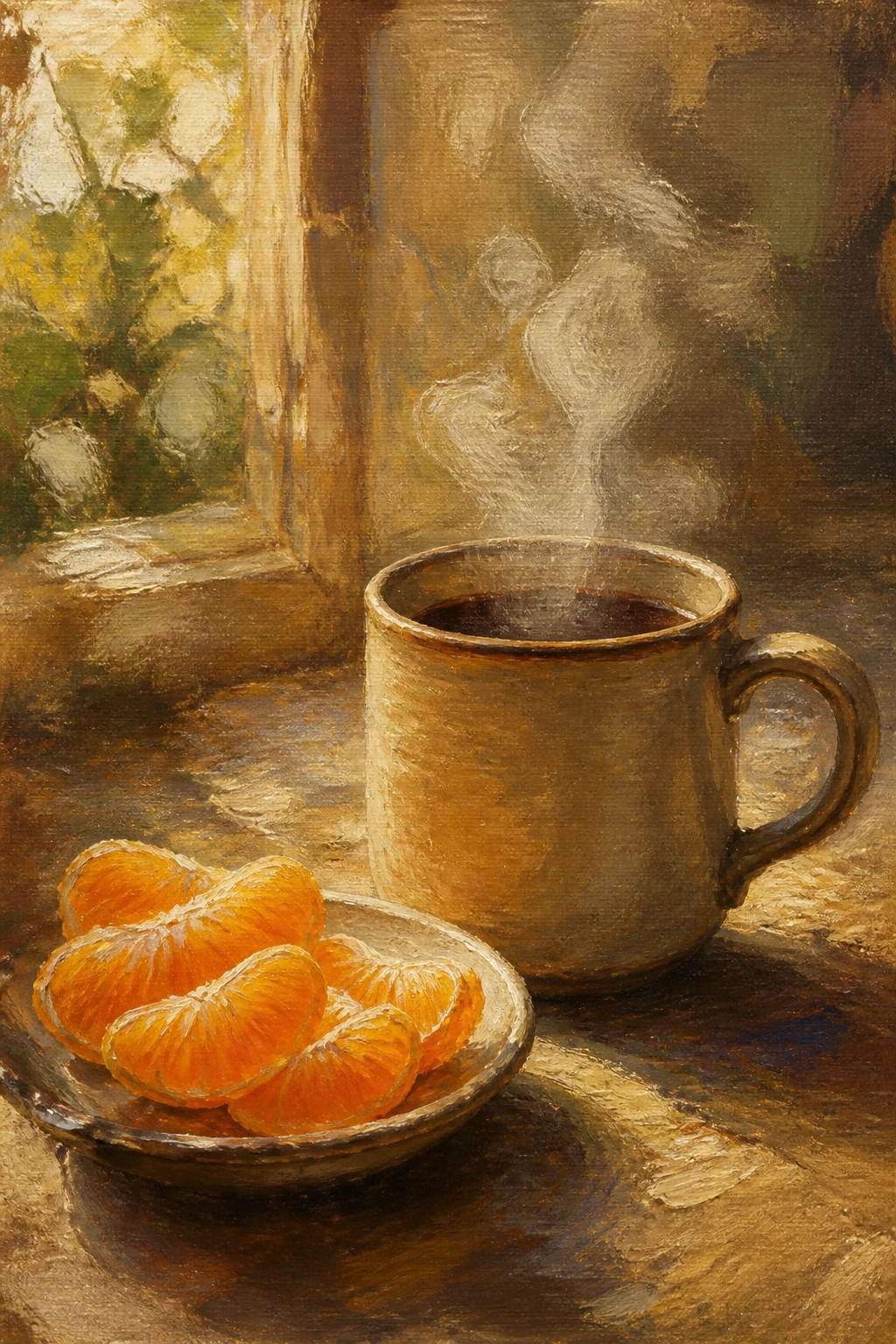 An oil painting of a steaming brown mug next to a plate of sliced oranges on a wooden table by a window.