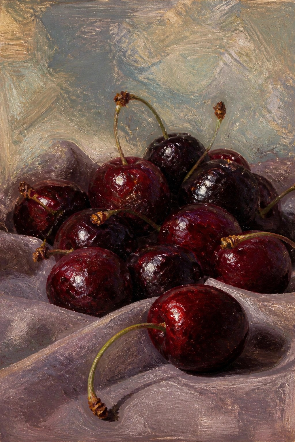 Oil painting of dark red cherries piled on purple fabric with stems visible.