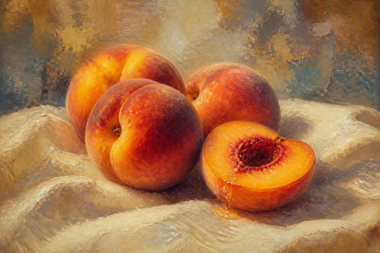 20 Polished Still Life Oil Painting Ideas for Fruit, Glass, Florals, and Everyday Objects Realistic oil painting of four peaches on draped cloth, three whole and one halved to show the pit.