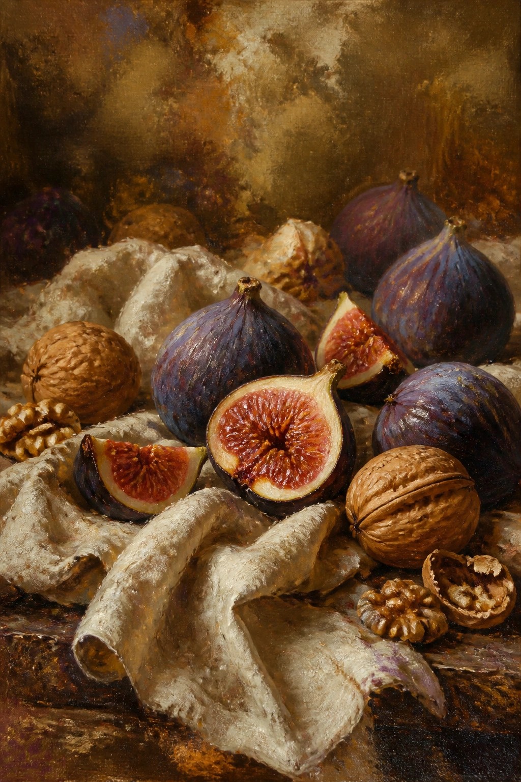 Ripe figs and walnuts on crumpled cloth against dark textured background
