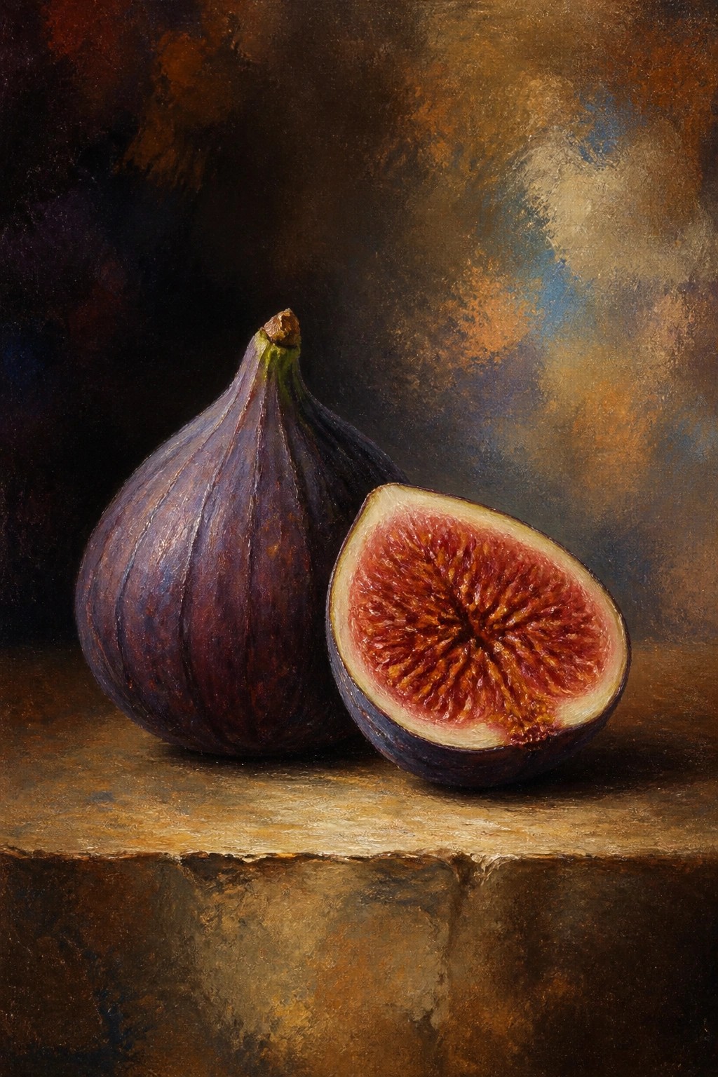A realistic oil painting shows two purple figs resting on a rough brown ledge, one whole and one sliced open to reveal the red seeded interior against a dark moody background.