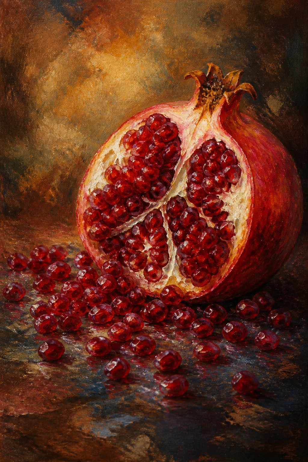 Halved pomegranate spilling glistening red seeds on a dark textured surface.