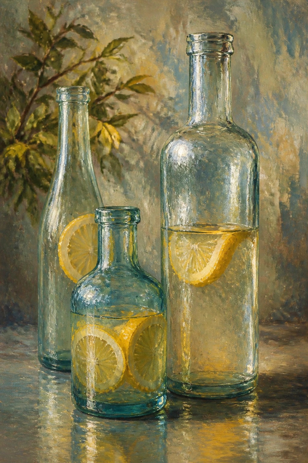 Three glass bottles with lemon slices in water against a leafy painted backdrop
